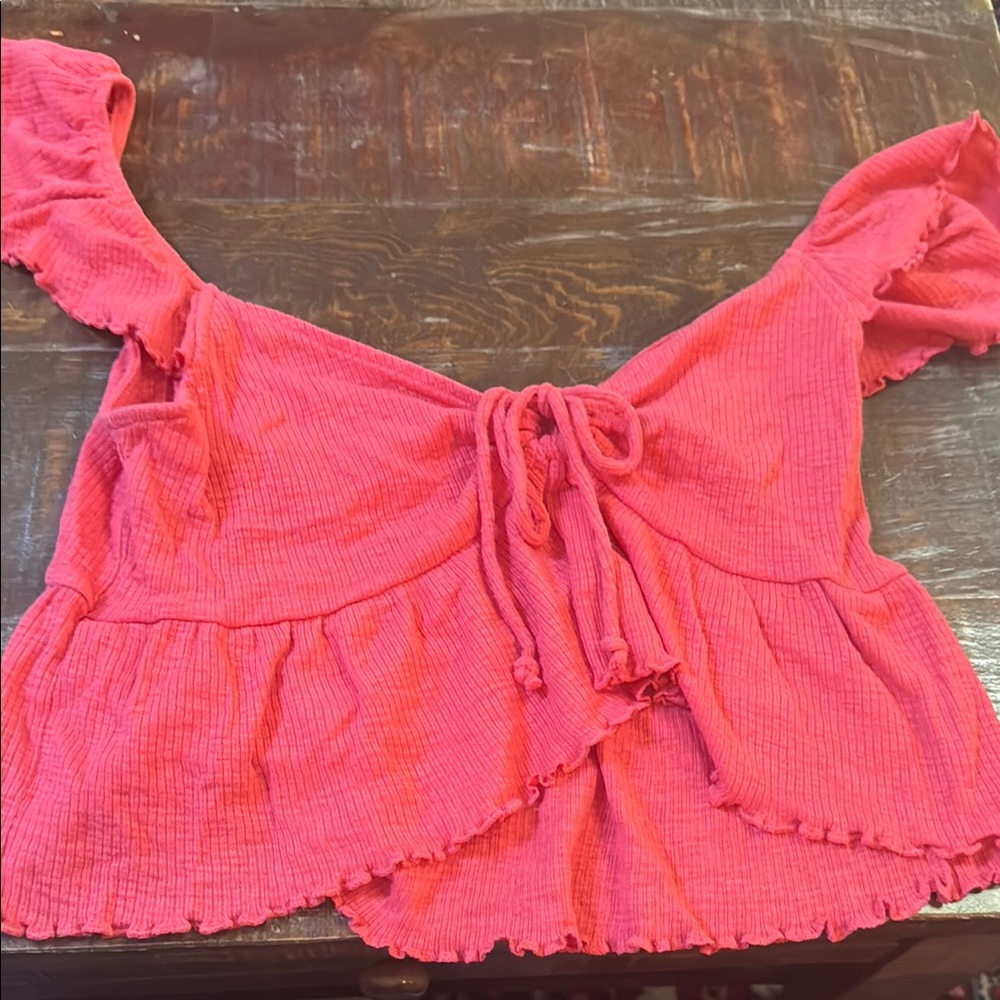 American Eagle Outfitters Pink Ruffled Tie-Front Blouse